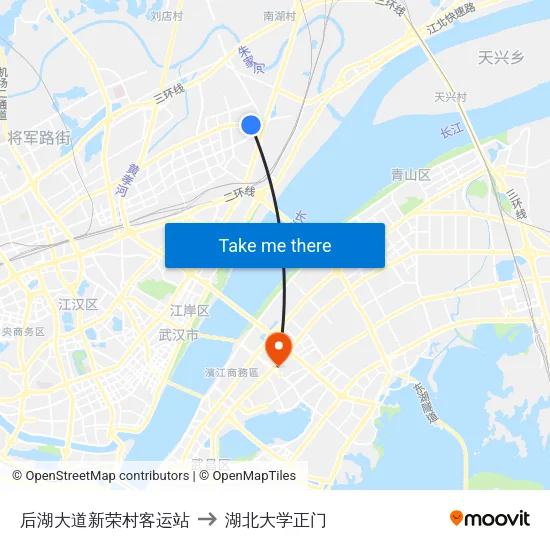 后湖大道新荣村客运站 to 湖北大学正门 map