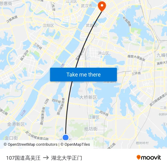 107国道高吴汪 to 湖北大学正门 map