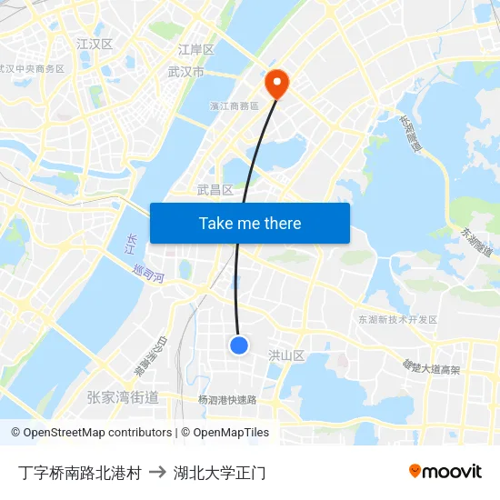 丁字桥南路北港村 to 湖北大学正门 map