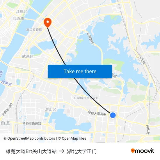 雄楚大道Brt关山大道站 to 湖北大学正门 map