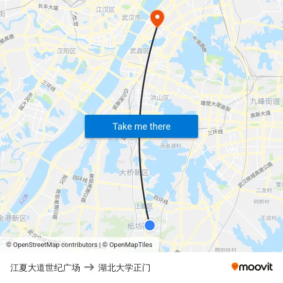 江夏大道世纪广场 to 湖北大学正门 map