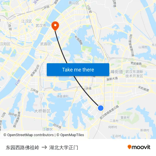 东园西路佛祖岭 to 湖北大学正门 map