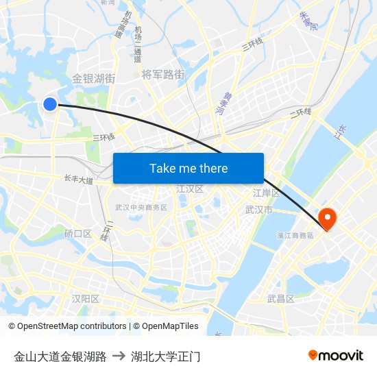 金山大道金银湖路 to 湖北大学正门 map