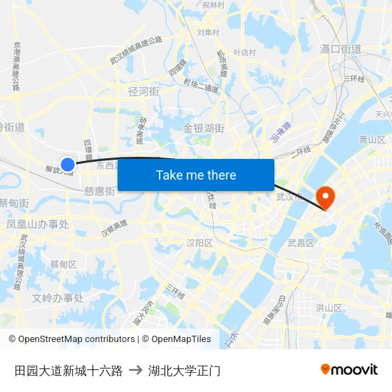 田园大道新城十六路 to 湖北大学正门 map