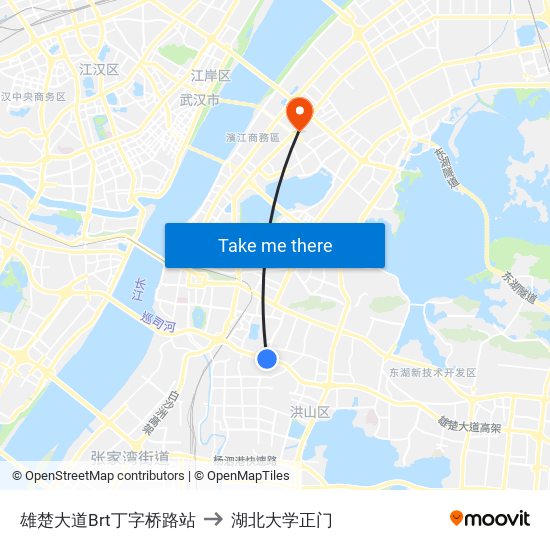 雄楚大道Brt丁字桥路站 to 湖北大学正门 map