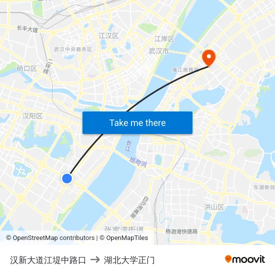汉新大道江堤中路口 to 湖北大学正门 map