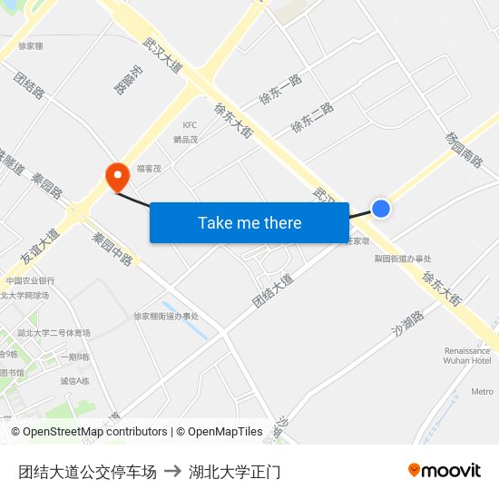 团结大道公交停车场 to 湖北大学正门 map