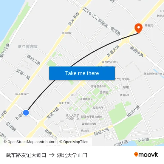 武车路友谊大道口 to 湖北大学正门 map