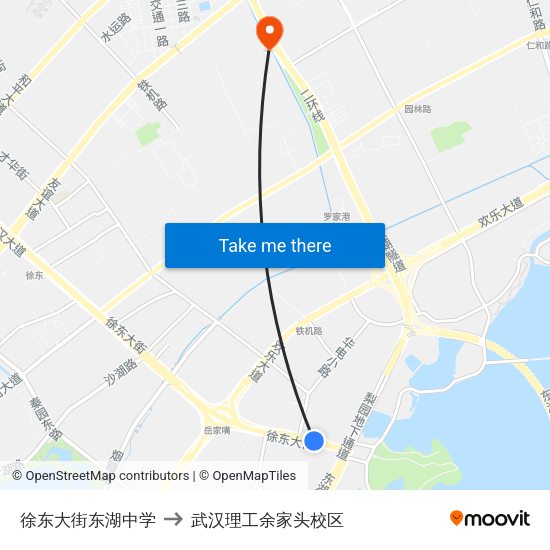 徐东大街东湖中学 to 武汉理工余家头校区 map