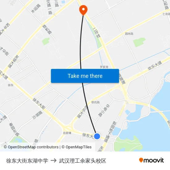 徐东大街东湖中学 to 武汉理工余家头校区 map