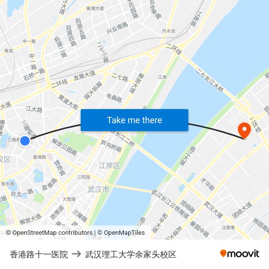 香港路十一医院 to 武汉理工大学余家头校区 map