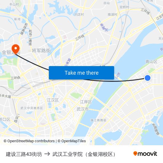 建设三路43街坊 to 武汉工业学院（金银湖校区） map