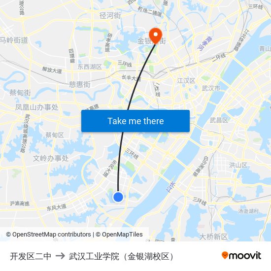 开发区二中 to 武汉工业学院（金银湖校区） map