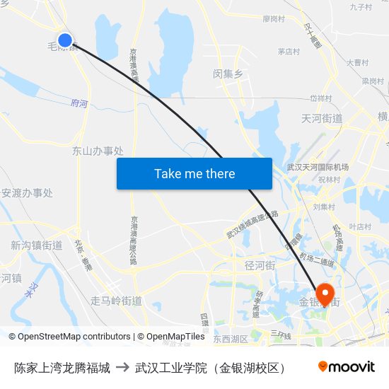 陈家上湾龙腾福城 to 武汉工业学院（金银湖校区） map