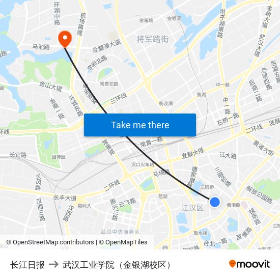 长江日报 to 武汉工业学院（金银湖校区） map
