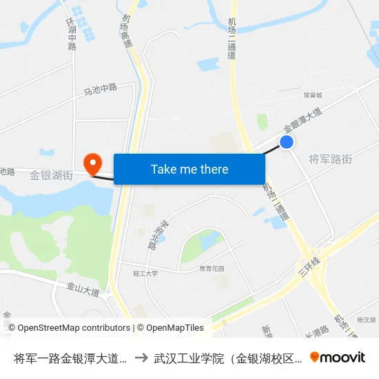 将军一路金银潭大道口 to 武汉工业学院（金银湖校区） map