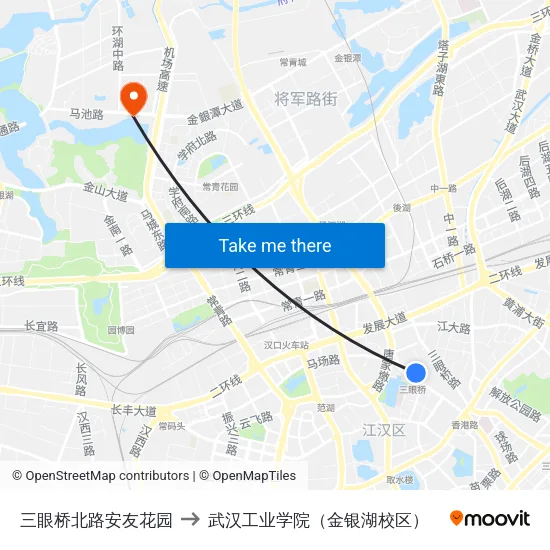 三眼桥北路安友花园 to 武汉工业学院（金银湖校区） map
