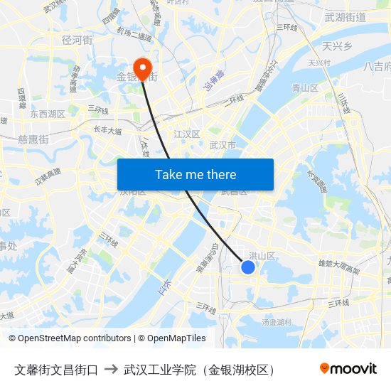 文馨街文昌街口 to 武汉工业学院（金银湖校区） map