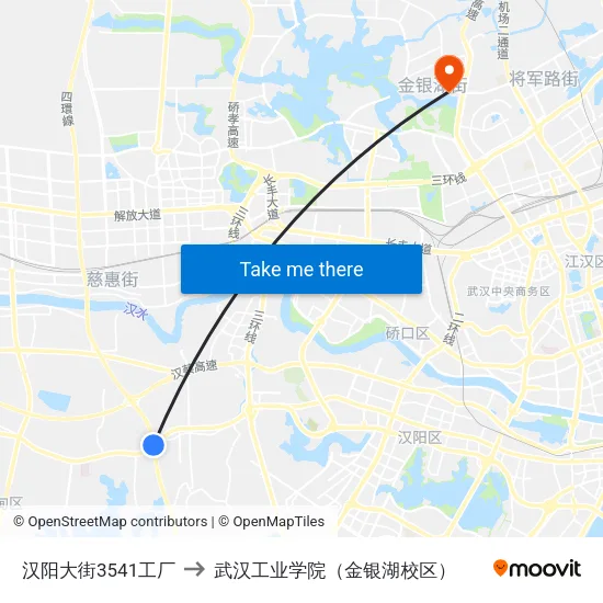 汉阳大街3541工厂 to 武汉工业学院（金银湖校区） map