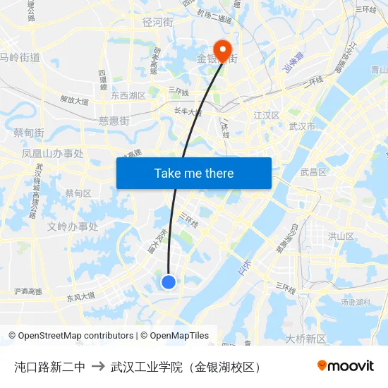 沌口路新二中 to 武汉工业学院（金银湖校区） map