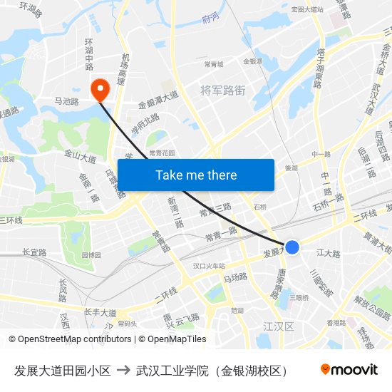 发展大道田园小区 to 武汉工业学院（金银湖校区） map