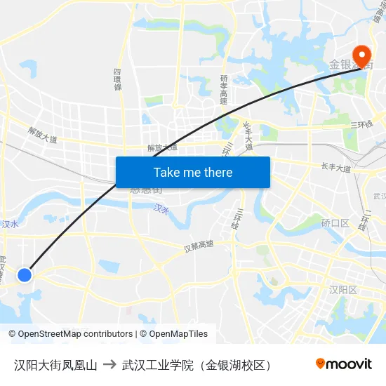 汉阳大街凤凰山 to 武汉工业学院（金银湖校区） map