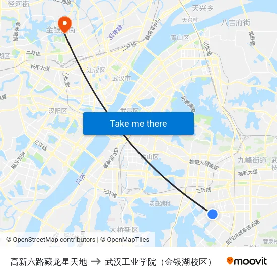 高新六路藏龙星天地 to 武汉工业学院（金银湖校区） map