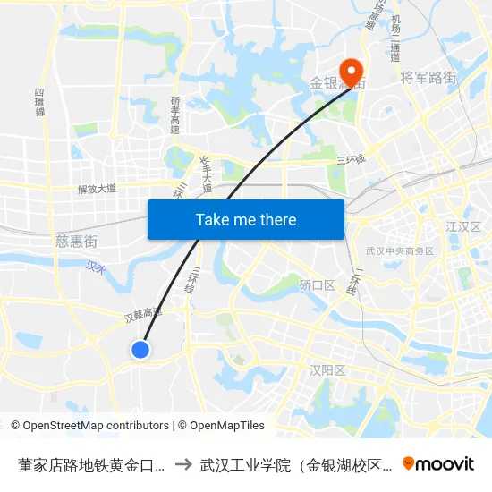 董家店路地铁黄金口站 to 武汉工业学院（金银湖校区） map