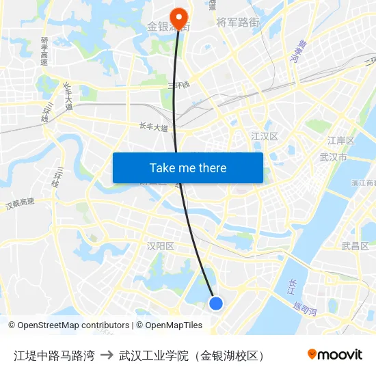 江堤中路马路湾 to 武汉工业学院（金银湖校区） map