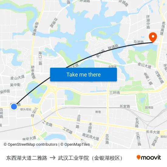 东西湖大道二雅路 to 武汉工业学院（金银湖校区） map