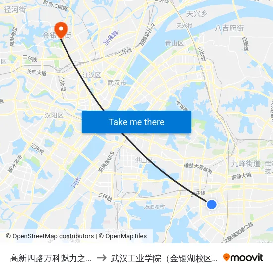 高新四路万科魅力之城 to 武汉工业学院（金银湖校区） map