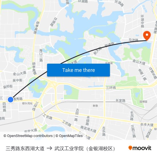 三秀路东西湖大道 to 武汉工业学院（金银湖校区） map
