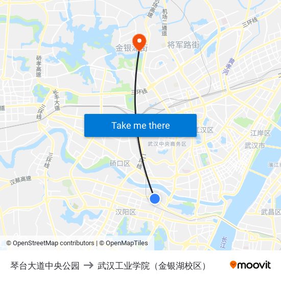 琴台大道中央公园 to 武汉工业学院（金银湖校区） map