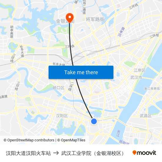 汉阳大道汉阳火车站 to 武汉工业学院（金银湖校区） map