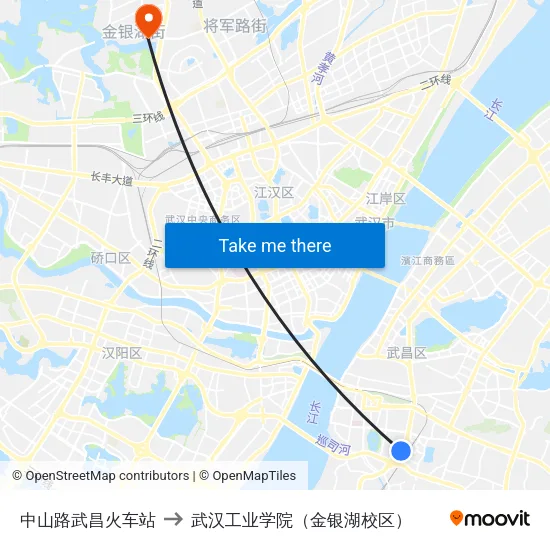 中山路武昌火车站 to 武汉工业学院（金银湖校区） map