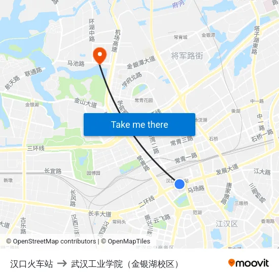 汉口火车站 to 武汉工业学院（金银湖校区） map