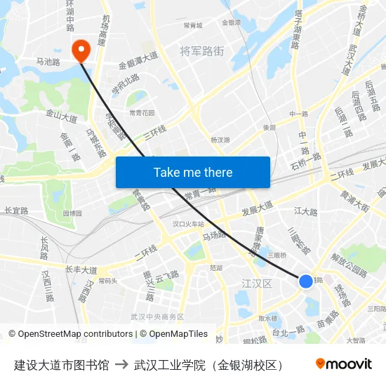 建设大道市图书馆 to 武汉工业学院（金银湖校区） map
