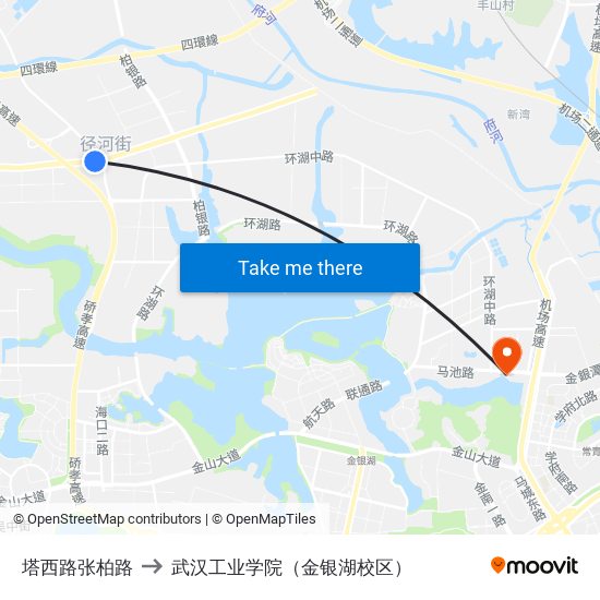 塔西路张柏路 to 武汉工业学院（金银湖校区） map