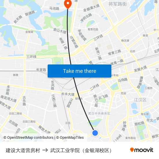 建设大道营房村 to 武汉工业学院（金银湖校区） map