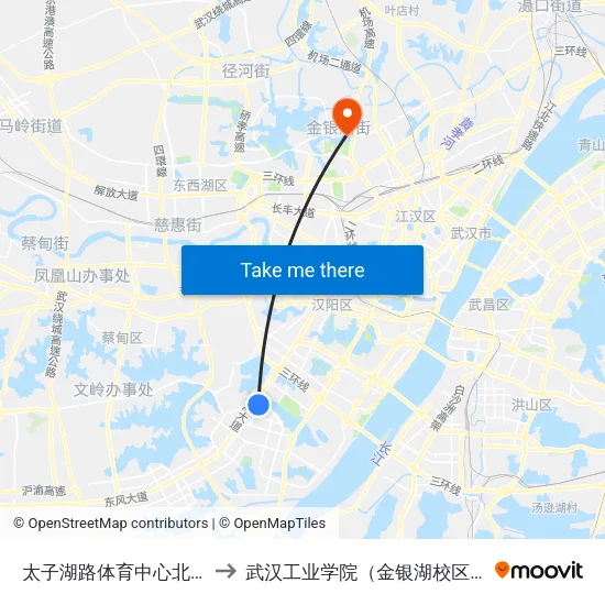 太子湖路体育中心北门 to 武汉工业学院（金银湖校区） map