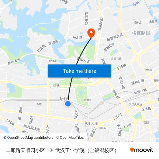 丰顺路天顺园小区 to 武汉工业学院（金银湖校区） map