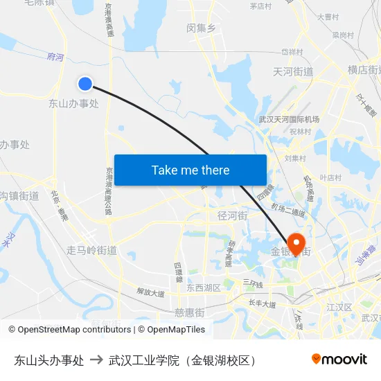 东山头办事处 to 武汉工业学院（金银湖校区） map