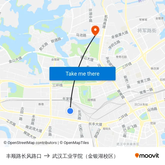 丰顺路长风路口 to 武汉工业学院（金银湖校区） map