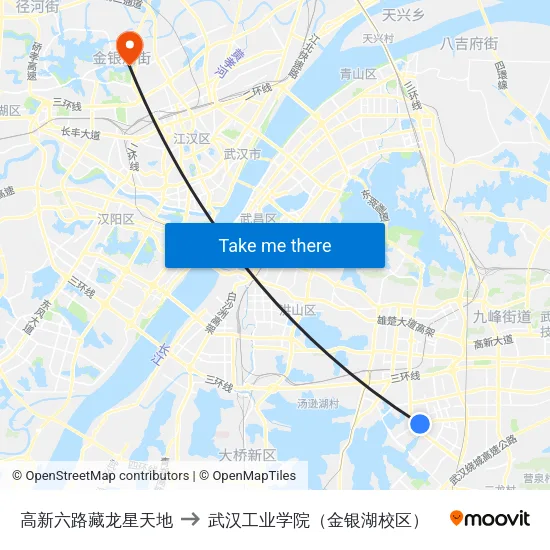 高新六路藏龙星天地 to 武汉工业学院（金银湖校区） map