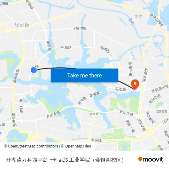 环湖路万科西半岛 to 武汉工业学院（金银湖校区） map