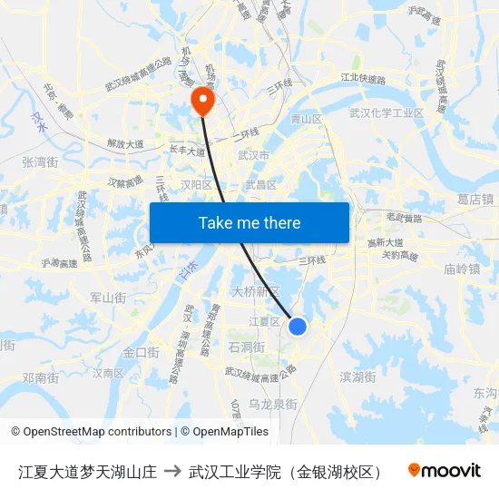 江夏大道梦天湖山庄 to 武汉工业学院（金银湖校区） map
