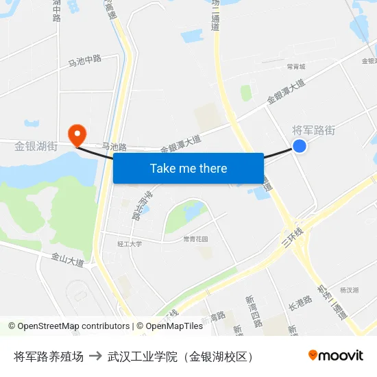 将军路养殖场 to 武汉工业学院（金银湖校区） map