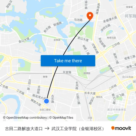 古田二路解放大道口 to 武汉工业学院（金银湖校区） map