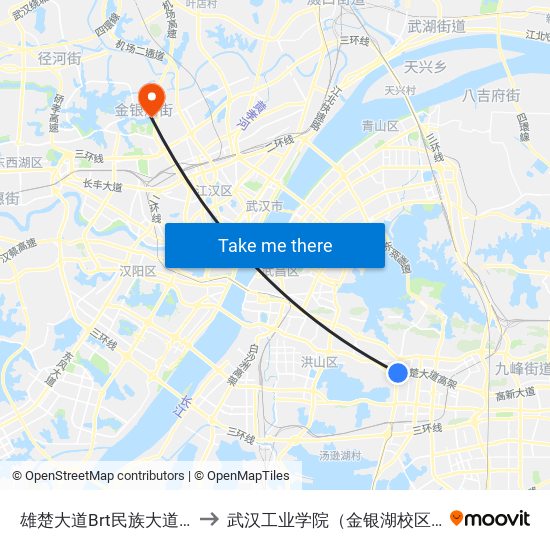 雄楚大道Brt民族大道站 to 武汉工业学院（金银湖校区） map