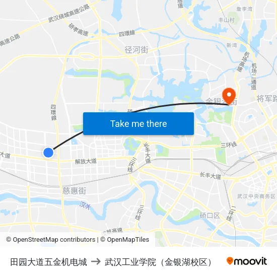 田园大道五金机电城 to 武汉工业学院（金银湖校区） map